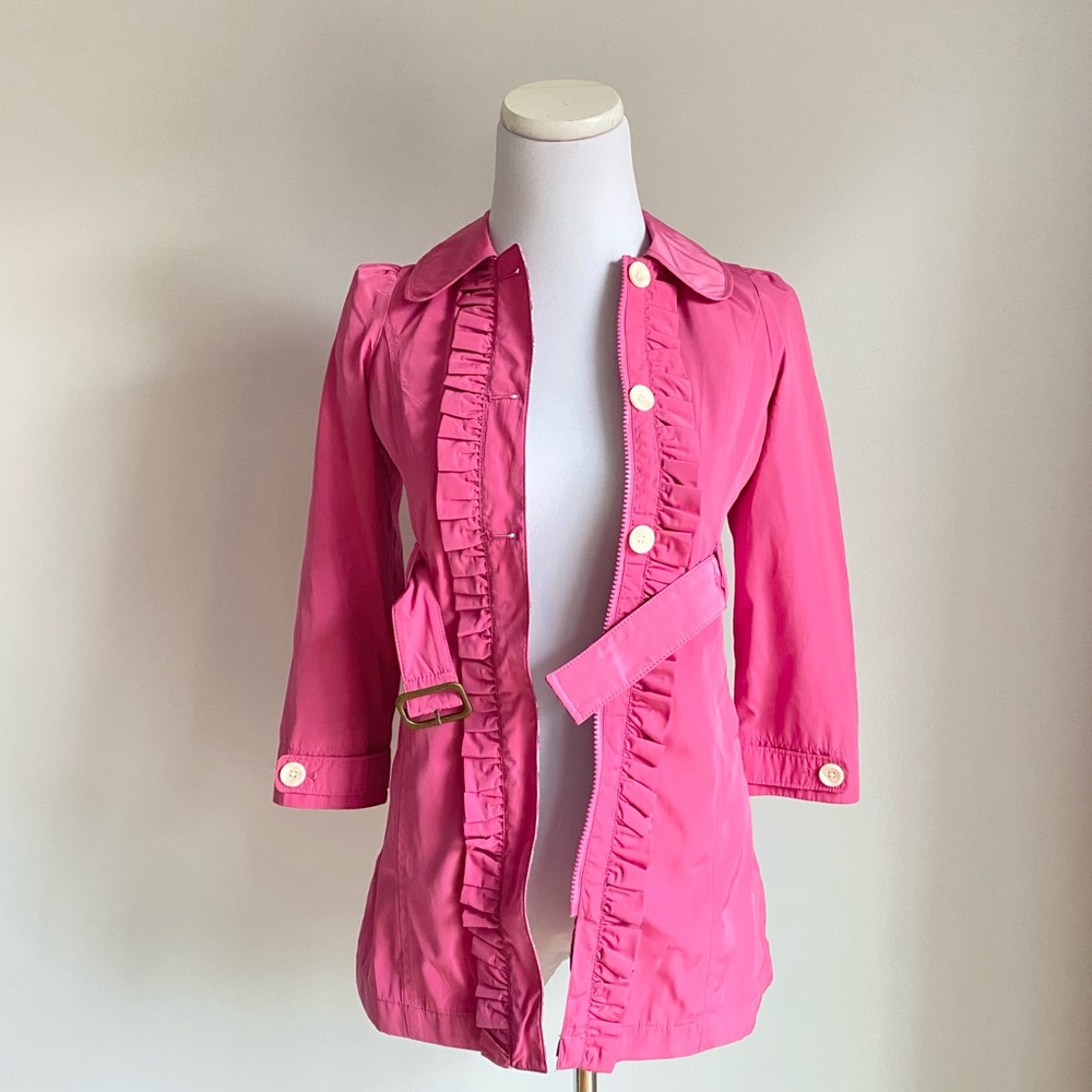 Land’s End Hot Pink Floral Lined Ruffle Girls Rain Trench Coat